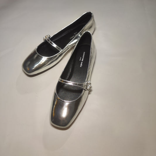 [023] MM  Sparkling Flower Crystal ~ Square Toe Rhinestone Strap Flat Mary Jane Ballet Single Shoes for Women Evening