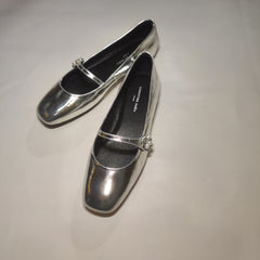 [023] MM  Sparkling Flower Crystal ~ Square Toe Rhinestone Strap Flat Mary Jane Ballet Single Shoes for Women Evening