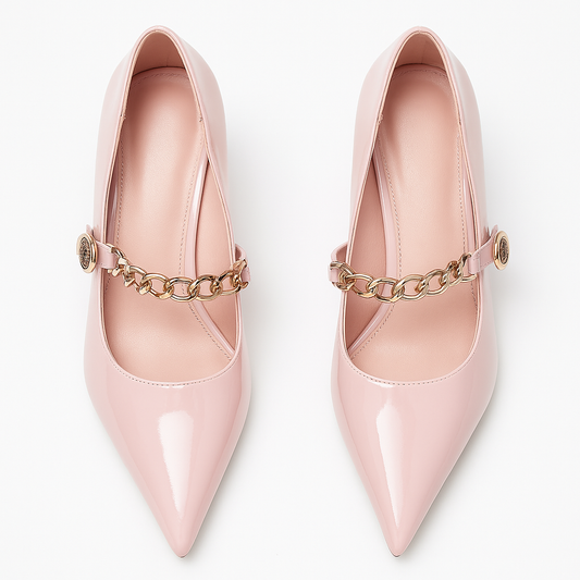 [284]GS     Live Luxuriously Metal Chain Single Strap Wedge Heel Pointed Toe Mary Jane Platform Heel Genuine Leather Versatile Fashionable Women's Sneakers