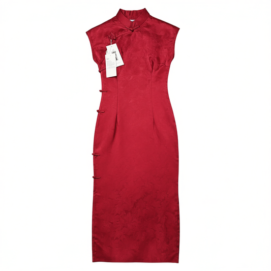 [694]GM  Vintage Young Long Silk Jacquard Satin Red Qipao Maxi Dress for Toasting