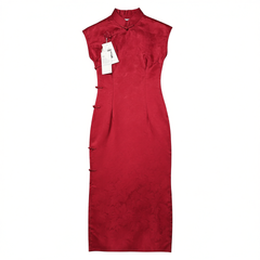 [694]GM  Vintage Young Long Silk Jacquard Satin Red Qipao Maxi Dress for Toasting