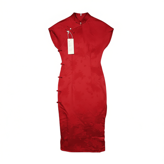 [950]GM   Retro Red Cheongsam Midi-Length Bride's Toast Dress Spring & Autumn Engagement Gown
