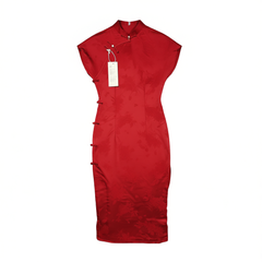 [950]GM   Retro Red Cheongsam Midi-Length Bride's Toast Dress Spring & Autumn Engagement Gown