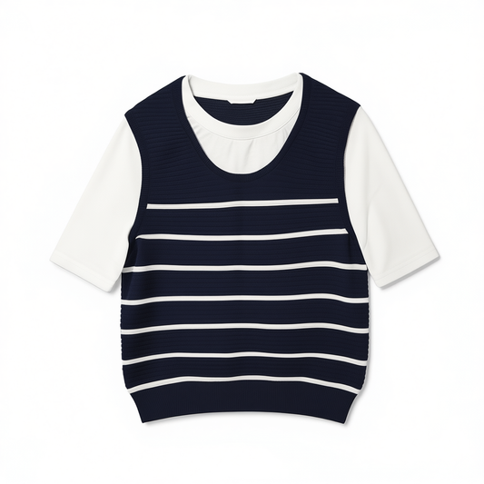 [666]N Meizi Shule Fake Two-Piece Knit Vest T-Shirt Women's Spring Summer Korean Style Instagram Round Neck Stripe Short Sleeve Top