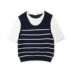 [666]N Meizi Shule Fake Two-Piece Knit Vest T-Shirt Women's Spring Summer Korean Style Instagram Round Neck Stripe Short Sleeve Top