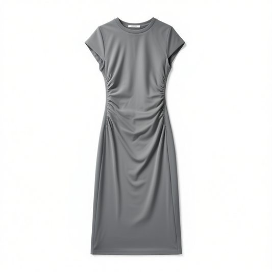 [534]G   OHCRUSHY Urban Vacation Old Money Style Pleated Short-Sleeve Dress, Slim-Fit, Body-Slimming, Waist-Cinching, Mid-Length Dress for Women, Summer