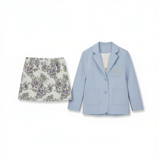 [041]GM   This year's popular stylish suit set with elegant, high-end Chanel-inspired style: blue blazer paired with floral dress