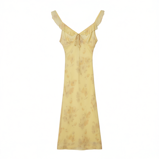 [072]MM   Yellow French Silk Print Ruffle Strap Elegant Long Dress by The Heidi