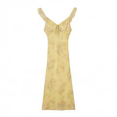 [072]M   Zhong Chuxi's Style Yellow French Silk Print Ruffle Strap Elegant Long Dress by The Heidi
