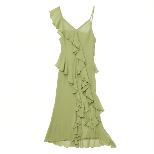 [191]G     Mix Selection｜Lily of the Valley Dress Green V-Neck Ruffle Resort Silk Slip Dress