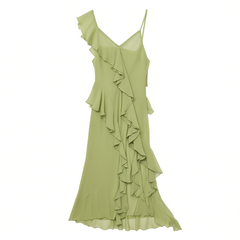 [191]G     Mix Selection｜Lily of the Valley Dress Green V-Neck Ruffle Resort Silk Slip Dress