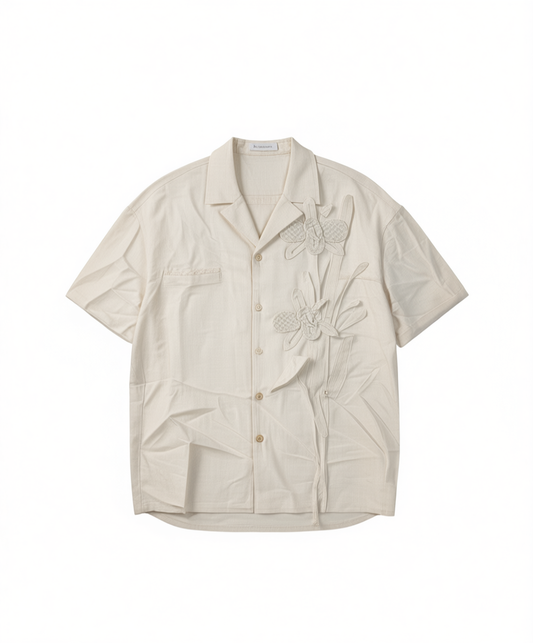 [251]M  Zhulan Handmade 3D Orchid Linen Loose Resort Short-Sleeve Shirt in South French Style by Valley Boy Original Men's Wear