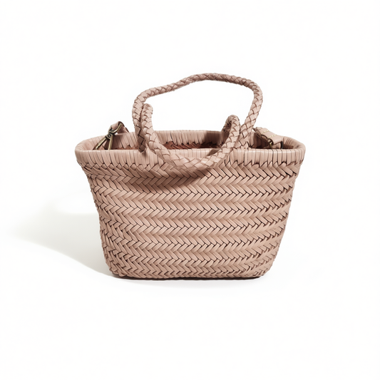 [450]GM  Top-grain leather woven bag, light pink sakura pink, small tote/crossbody basket bag