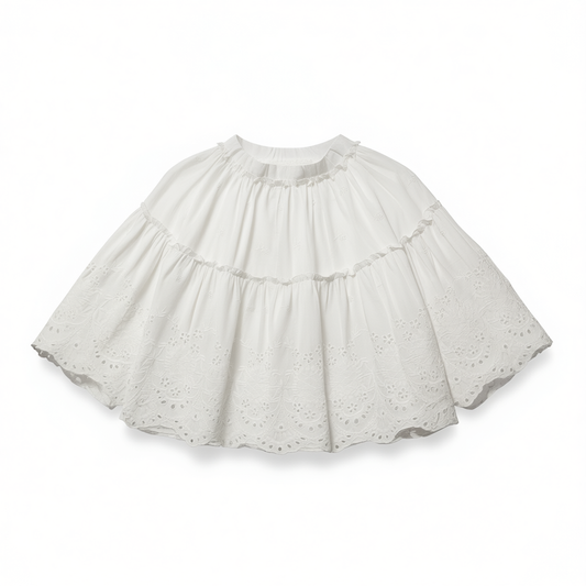 [992] Meiyang MEIYANG 【In Stock】 Lily of the Valley Skirt - Elastic Waist Ruffle Hem Embroidered Flared White Dress - Friday