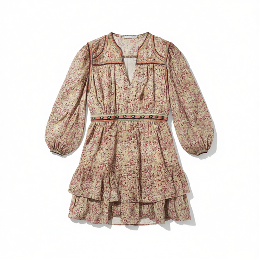 [129]GM    Spring Summer French Holiday Floral Peplum High-Waist Puff Sleeve Dress