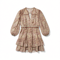 [129]G     Celebrity Yang Caiyu's Same Style Bashh Bai'an Spring Summer French Holiday Floral Peplum High-Waist Puff Sleeve Dress