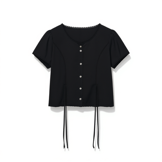 [201]N [In Stock] Korean Zaenio Shirt Lace Trim Short-Sleeved Elegant Feminine Sweet Tie-Waist Blouse for Women