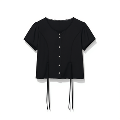 [201]N [In Stock] Korean Zaenio Shirt Lace Trim Short-Sleeved Elegant Feminine Sweet Tie-Waist Blouse for Women