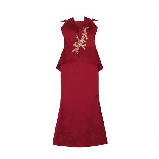 [617]N  ¡¾Promotional Price¡¿New Chinese Style Bridal Dress Summer Red Strapless High-End Light Luxury Engagement Wedding Evening Gown Women's Long Dress