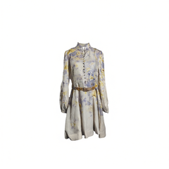[073]GG   Romantic Purple Encounter Australian Boutique Design Puffed Sleeves Waist-Tailored Slimming Linen Printed Dress