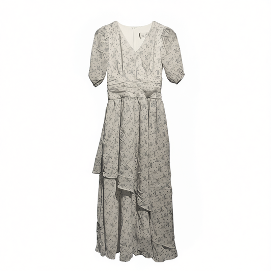 [112]GM   French country style dress, waist-cinching floral print long skirt, half-sleeve, V-neck, women's summer dress