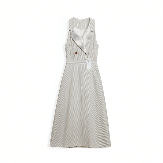 [971]N Green Cloud Sea's Reply Retro French Romantic Elegant Minimalist Halter Waist-Cinching Striped Shirt Dress
