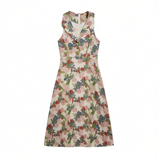 [483]G   Green Cloud Rose Story Romantic Vintage French Elegant Waist-Cinched A-Line Red Floral Shirt Dress
