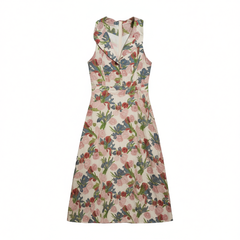 [483]G   Green Cloud Rose Story Romantic Vintage French Elegant Waist-Cinched A-Line Red Floral Shirt Dress