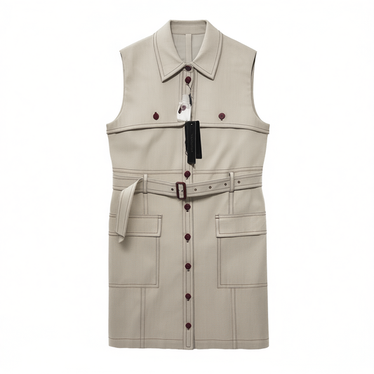 [705]G   WinnieTang Old Money Style Linen Cotton Blend Contrast Stitching Minimalist Sleeveless Lapel Slimming Belted Dress