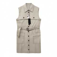 [705]G   WinnieTang Old Money Style Linen Cotton Blend Contrast Stitching Minimalist Sleeveless Lapel Slimming Belted Dress