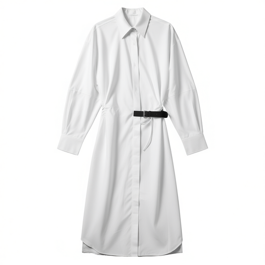 [253]GM   Premium Combed Cotton Deconstructed Tailoring for a Slimming Wrap-Fit Waist Cinched Shirt Dress, Women's Spring Collection