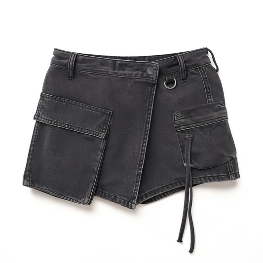 [164] MOCO summer rock-style black denim skirt-pants low-waisted deconstructed wrap-around cargo pocket cotton shorts Moreto