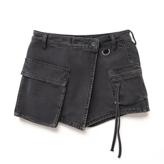 [164] MOCO summer rock-style black denim skirt-pants low-waisted deconstructed wrap-around cargo pocket cotton shorts Moreto