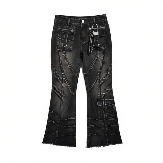 [512]N Underworld Garden Punk Street Heavy Industry Washed Distressed Frayed 3D Pockets Casual Slight Bell-Bottom Jeans Pants for Women