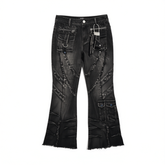 [512]NG     Heavy Industry Washed Distressed Frayed 3D Pockets Casual Slight Bell-Bottom Jeans Pants for Women