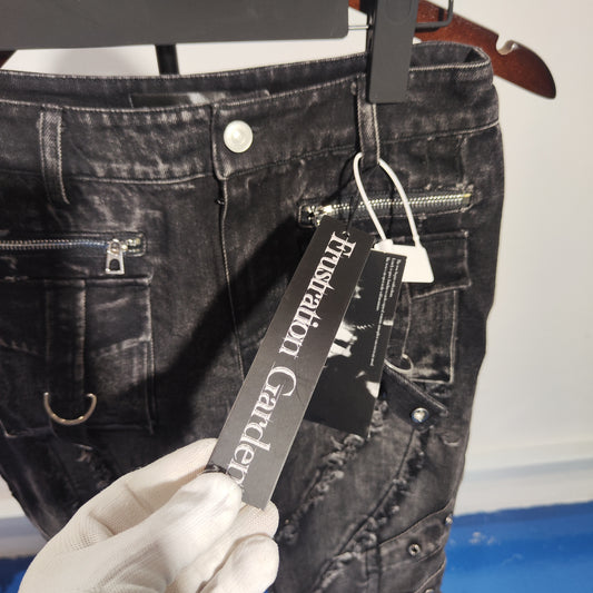 [512]N Underworld Garden Punk Street Heavy Industry Washed Distressed Frayed 3D Pockets Casual Slight Bell-Bottom Jeans Pants for Women