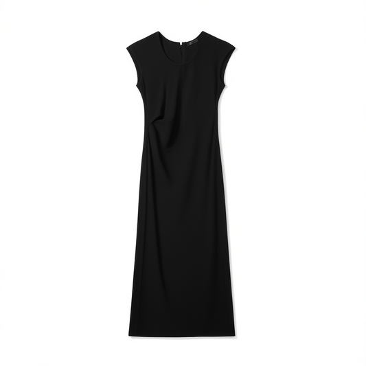 [466]G   Elegant Old Money Minimalist Commuter Deep U-Neck Slim-Fit Textured Acetate Dress for a Flattering Silhouette