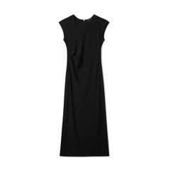 [466]G   Elegant Old Money Minimalist Commuter Deep U-Neck Slim-Fit Textured Acetate Dress for a Flattering Silhouette