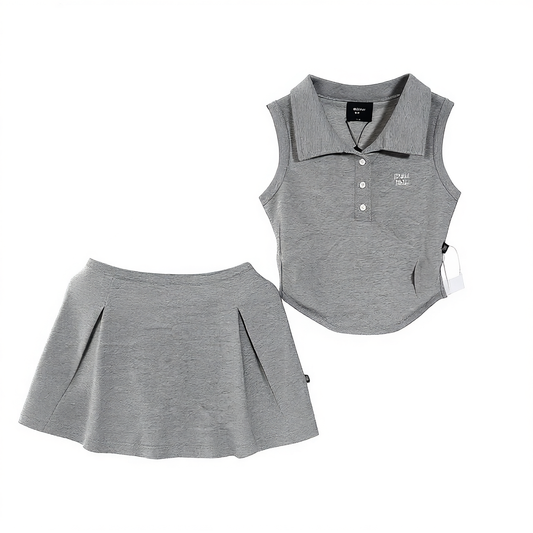 [016]NM  American Sweetheart Summer Sports Gray Preppy Skirt Set Women's Summer Outfit Shorts