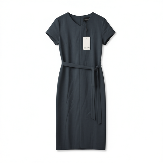 [535]G   OFFIY - Flattering smart blue acetate spring fashion slimming V-neck tie-waist blue professional dress
