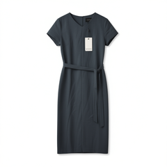 [535]G   OFFIY - Flattering smart blue acetate spring fashion slimming V-neck tie-waist blue professional dress