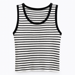 [344]MS Plus Size Women's Black Stripe Knit Vest Blazer Top with Tummy Control 100% Cotton Slim Strap