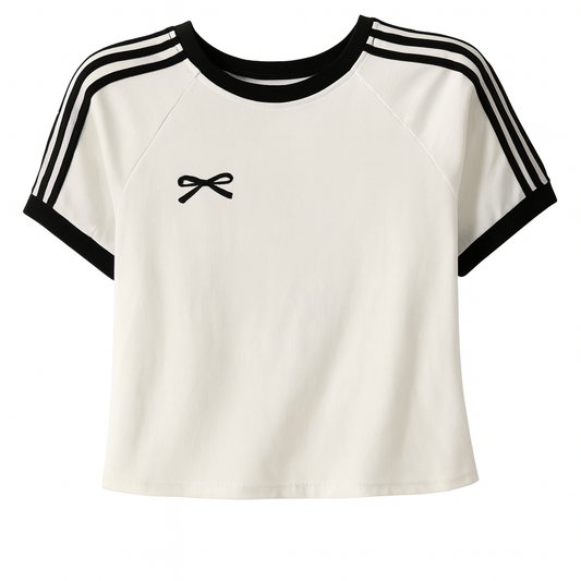 [347]MS Plus Size American Right Shoulder White Short-Sleeved T-Shirt for Women Summer Fat Sister Design Bow Stripesd Slimming Look Short Top