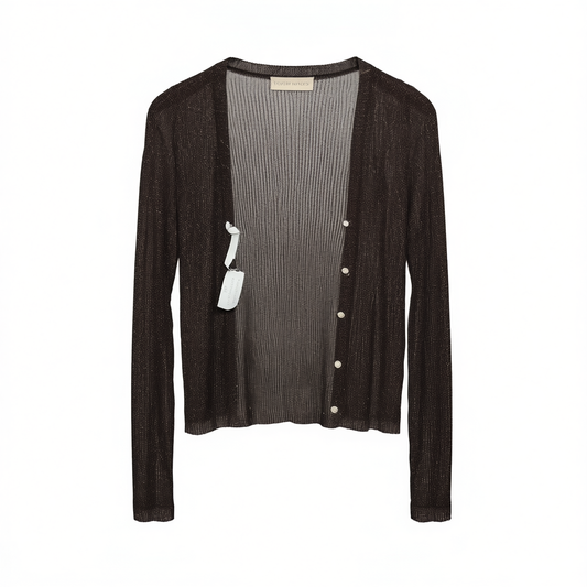 [244]G     Daily Romance European Premium Shimmering Mesh Chic Brightening Black Truffle Color V-Neck Open Cardigan