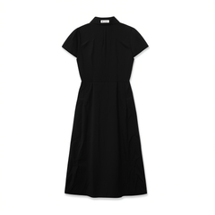 [752]NN Collared Single-breasted Ruffled Waist Gathered Hem Mid-length Silk-blend Evening Dress
