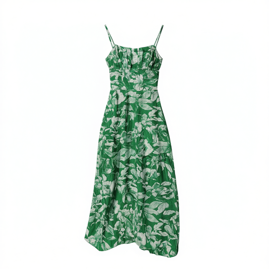 [235]G    ORG Viscose Fluid Green Floral Resort-Style Elegant Long Slip Dress for Summer
