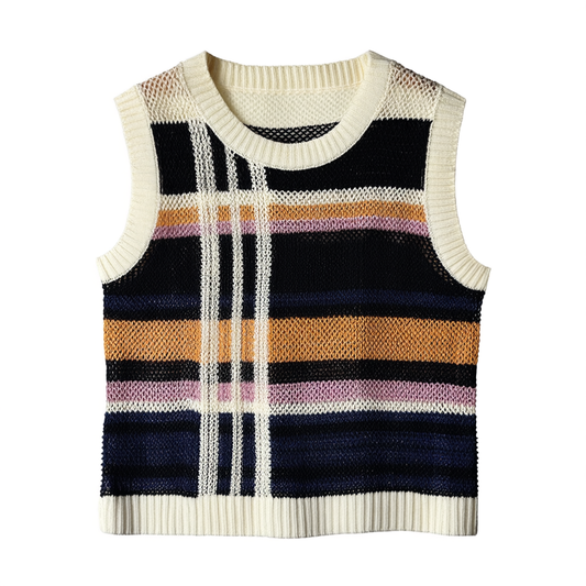 [752] MEIYANG Colorful Knit Vest - Hollow-out Jacquard Striped Round Neck Versatile Layering Vest - Thurs