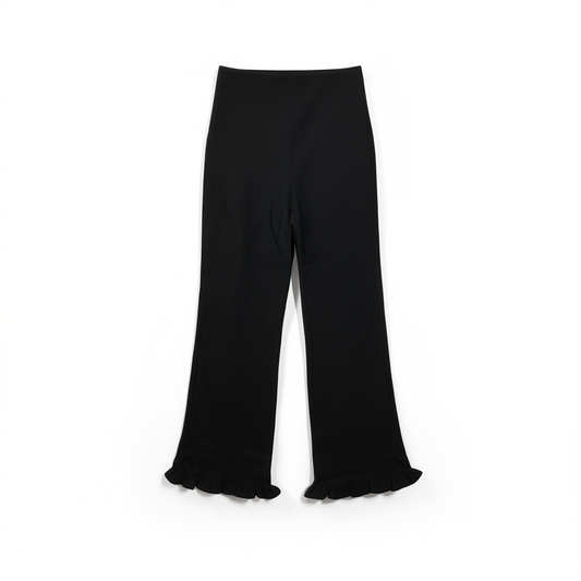 [299]GG    Black Tea Matte Texture Slimming High-Waisted Casual Leg-Slimming Nine-Point Pants with Ruffled Hem, Size 3800