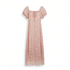 [589]GG    Pink Embroidered Square Neck Dress Women's Summer French Retro Style Tie-Waist Slimming Midi Dress