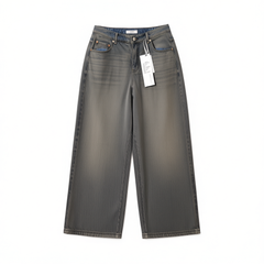 [703]NM   Heavy Wash Vintage Low-Rise Rhinestone Stoned Low-Rise Loose Wide-Leg Jeans